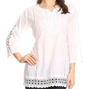 Sakkas Chloe 3/4 Sleeves Crochet Lace Top Tunic Women’s Size L Cotton White